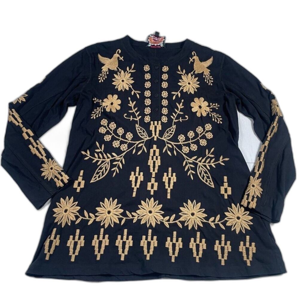 Johnny Was Georgina Henley Top Black Gold Floral Bird Embroidery Medium EUC